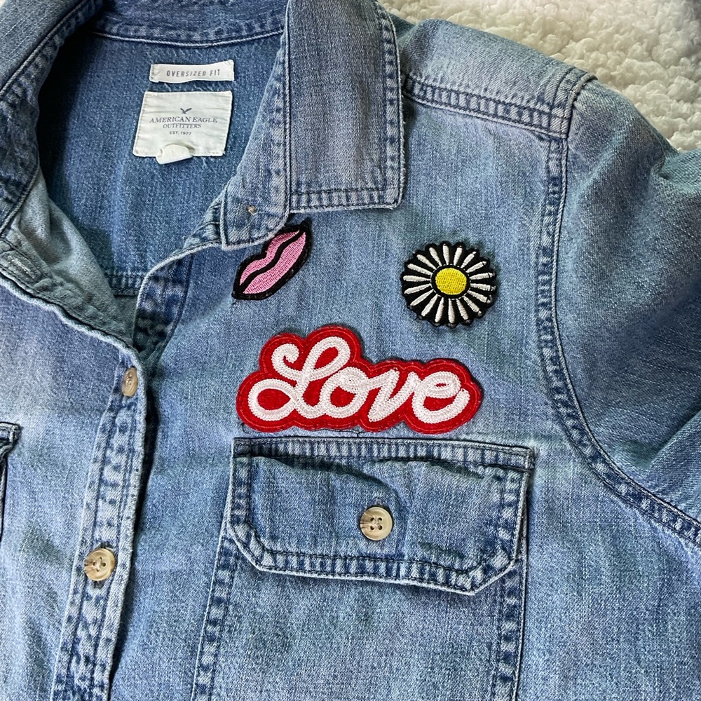 American Eagle Patch Oversized Fit Chambray Butto… - image 7